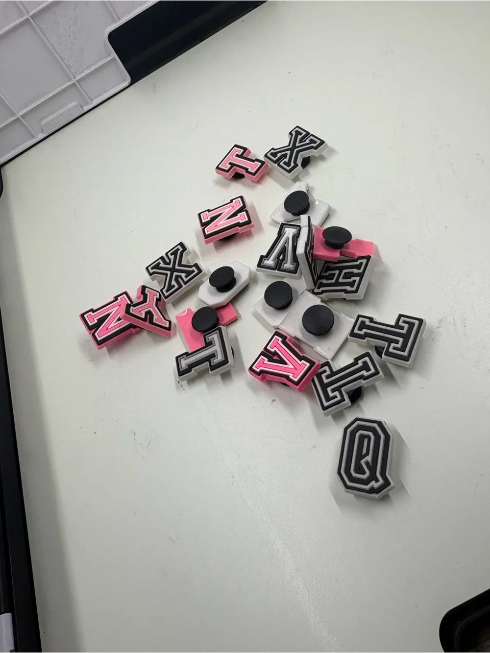Croc pendants different letters black white pink